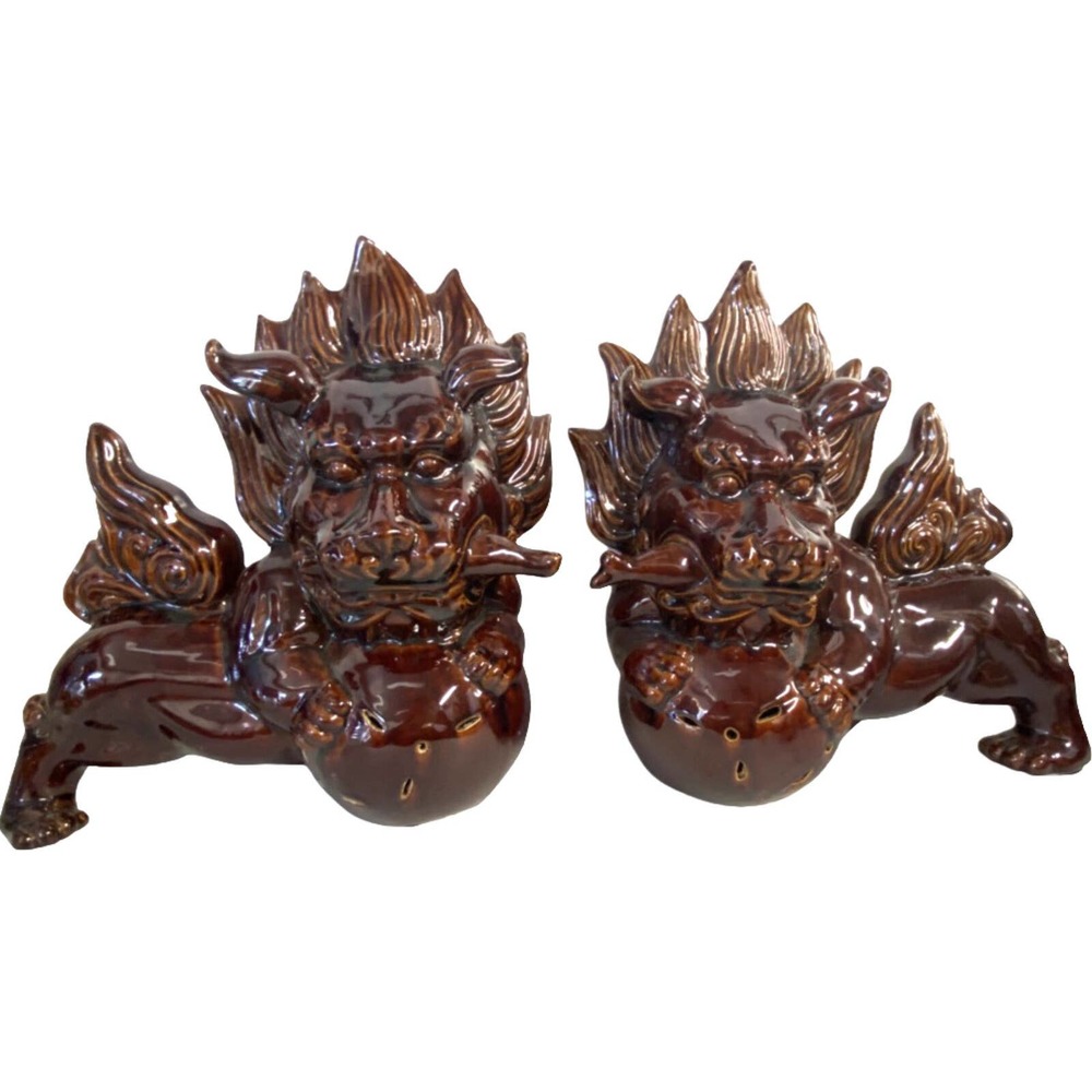 Vintage 1970’s Porcelain Rare “Pair “ Guardian Lion Foo Dogs On Mystery Ball